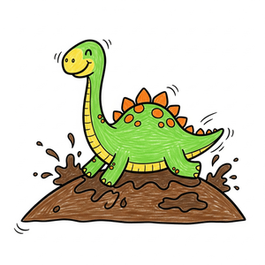 Dinosaur Having Fun Sliding Down a Muddy Hill